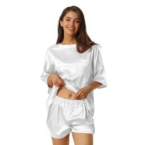 Satin Sleepwear 2 Piece T-Shirt Shorts with Pockets Pajama Sets White